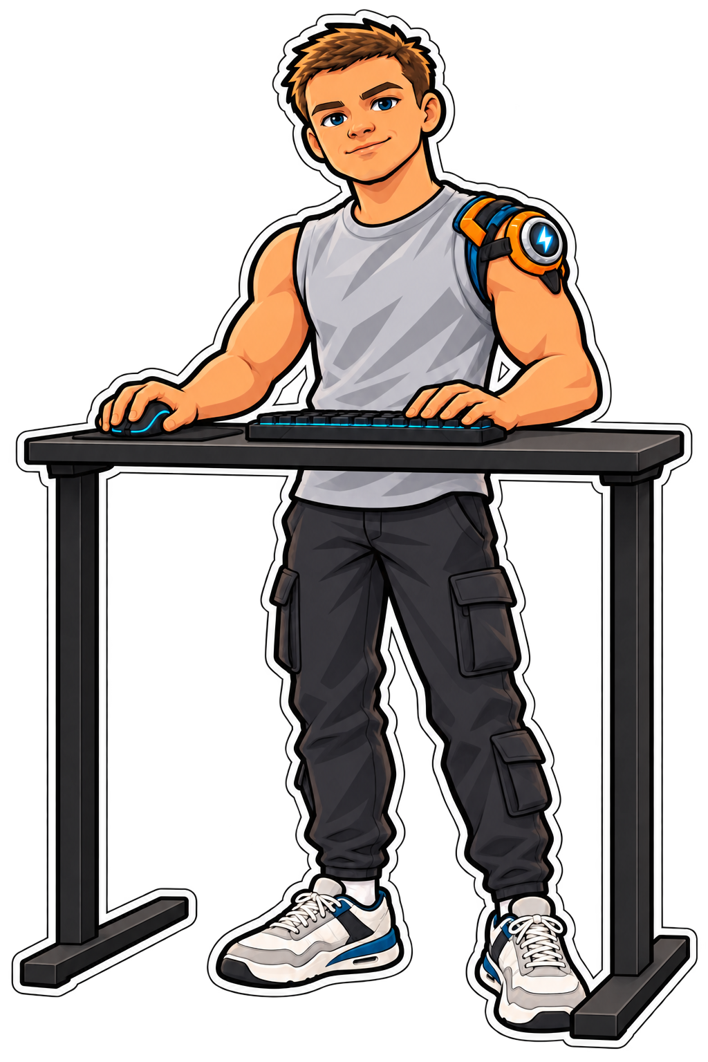 Cartoon scene of HisWattson playing at a standing desk
