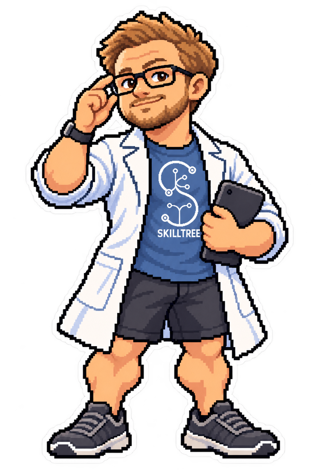 Pixel-art Professor Mitchell beside a fictional spreadsheet with empty cells